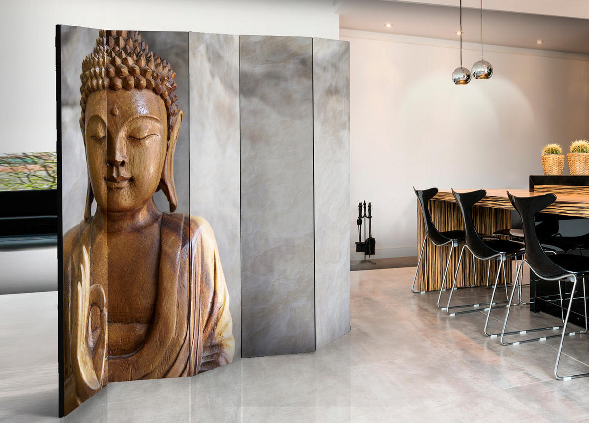 PARAVÁN Obojstranný 5-Dielny 225x172 cm Buddha Boho - hnedá, drevo/textil (225/172/3cm) - Muralo