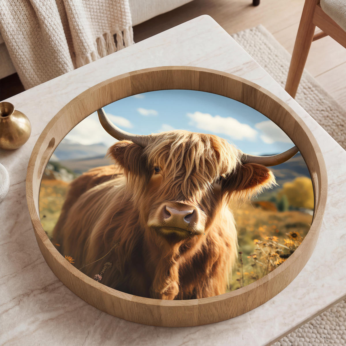 SERVÍROVACÍ PODNOS Skotský horal - Květiny - Rohy - Mraky 50x50 cm - hnědá, dřevo (50/5/5cm) - OnlyWow