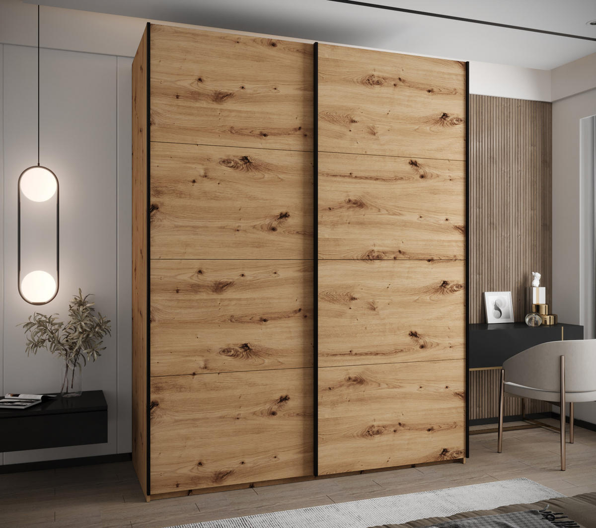 SCHWEBETÜRENSCHRANK 245,5/190/64 2-türig - Schwarz/Eiche Artisan, Holz/Metall (190/245/64cm) - Abiks Möbel
