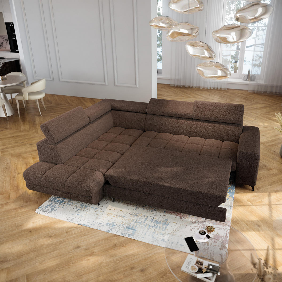 ECKSOFA MORIVA Q L-S Braun Boucle-Stoff mit Schlaffunktion - Braun, Holzwerkstoff/Textil (253/190cm) - MASSENO