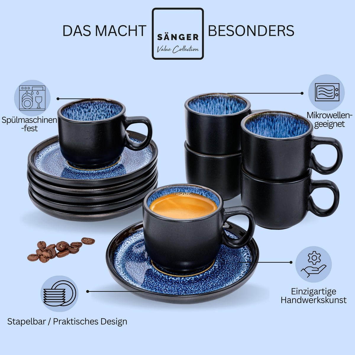 ESPRESSOTASSEN SET ARUBA - 12 teilig aus Steingut - Blau, Keramik (0.08L) - Sänger