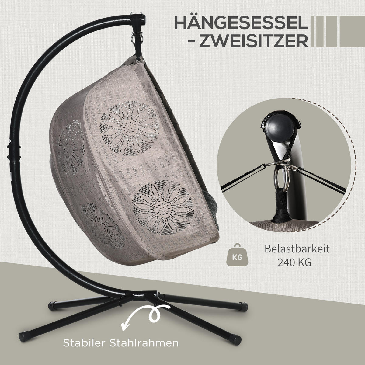 HÄNGESESSEL, Stahl, Polyester, Schwarz - Sandfarben/Schwarz, Kunststoff/Metall (126/172/132cm) - Outsunny
