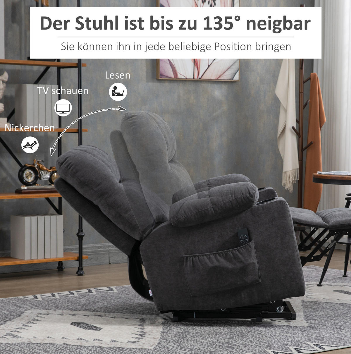 ELEKTRISCHER Relaxsessel in Dunkelgrau 95x91x109 cm mit Aufstehhilfe, Massage und Wärmefunktion - Dunkelgrau, Textil (91/109/95cm) - IVMEU