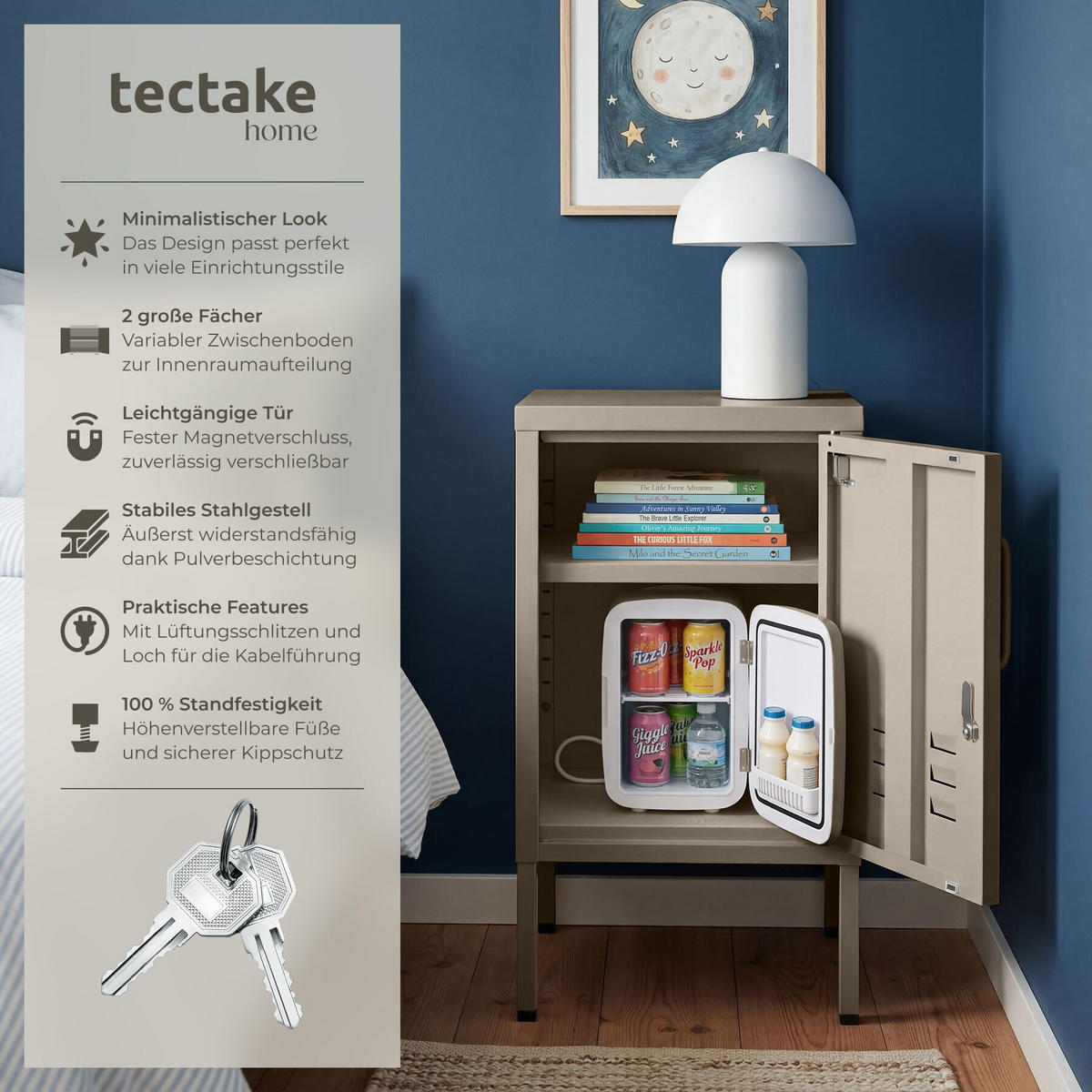 NACHTSCHRANK Baker, Kippschutz, höhenverstellbare Füße, taupe - Taupe, Metall (35/60.5/42.5cm) - tectake