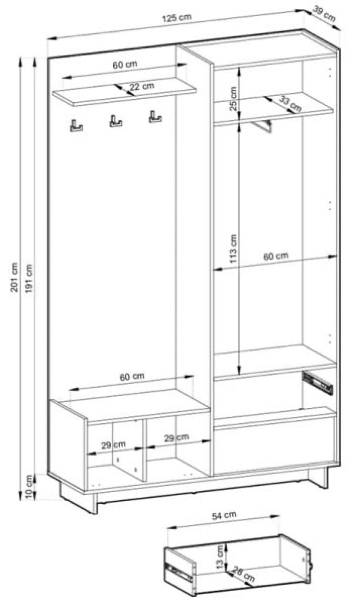 GARDEROBE Eiche Sumi 125x39 cm Mit Spiegel Aus Holzwerkstoff - Eichefarben, Holzwerkstoff (125/201/39cm) - Sepro Meble