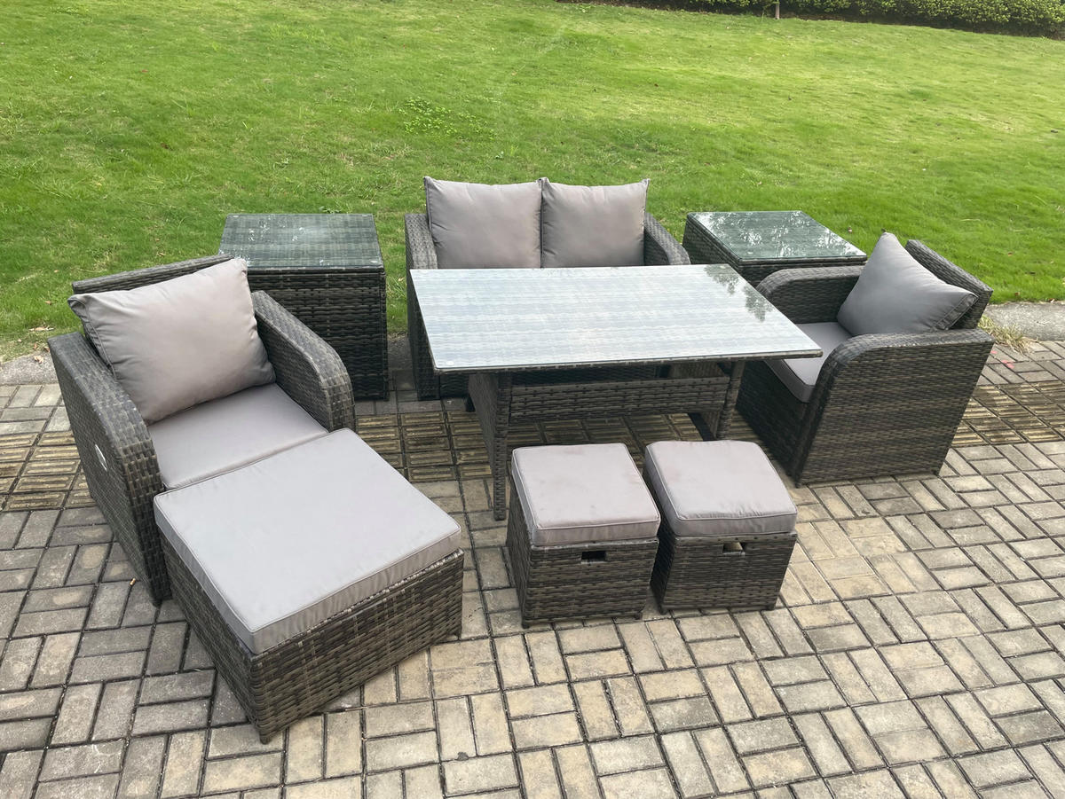 GARTENMÖBEL SET mit Hocker,Beistelltischen,Zweisitzer Polyrattan 7-Sitzer - Dunkelgrau/Grau, Glas/Kunststoff - Fimous