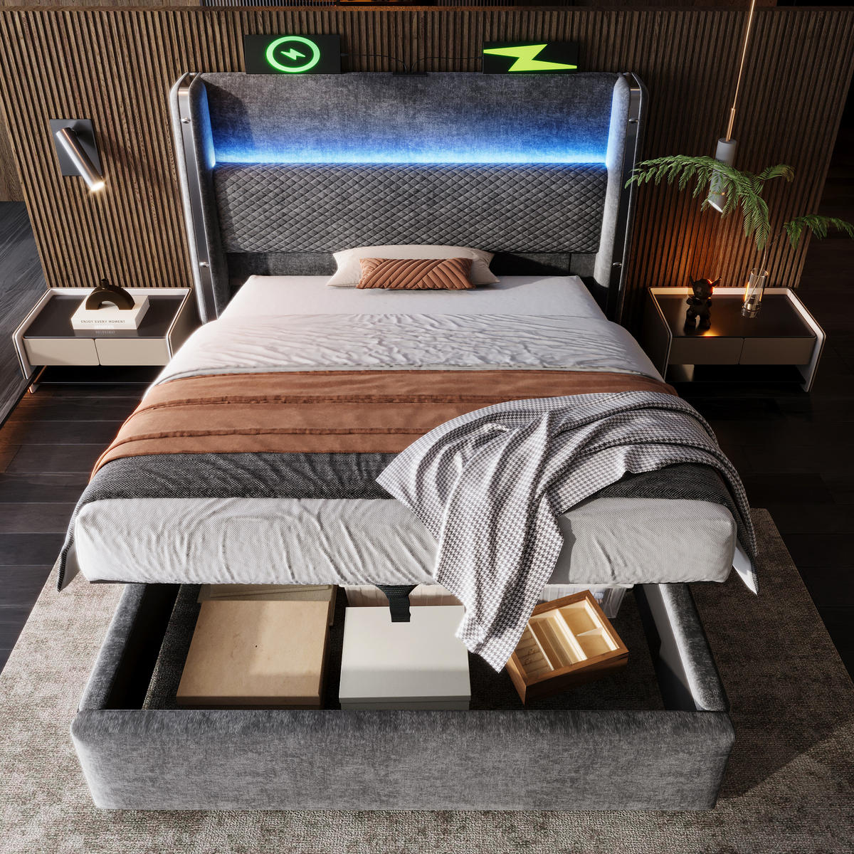 POLSTERBETT aus Leinen 90x200 cm in Grau mit LED & USB-Type-C-Ladestation - Grau, Textil (90/200cm) - Modfu