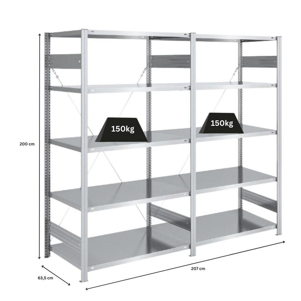 SCHWERLASTREGAL Silver Mamba 200x200x60cm 5 Ebenen je 150kg Fachlast Verzinkt - Silberfarben, Metall (200/200/60cm) - PROREGAL