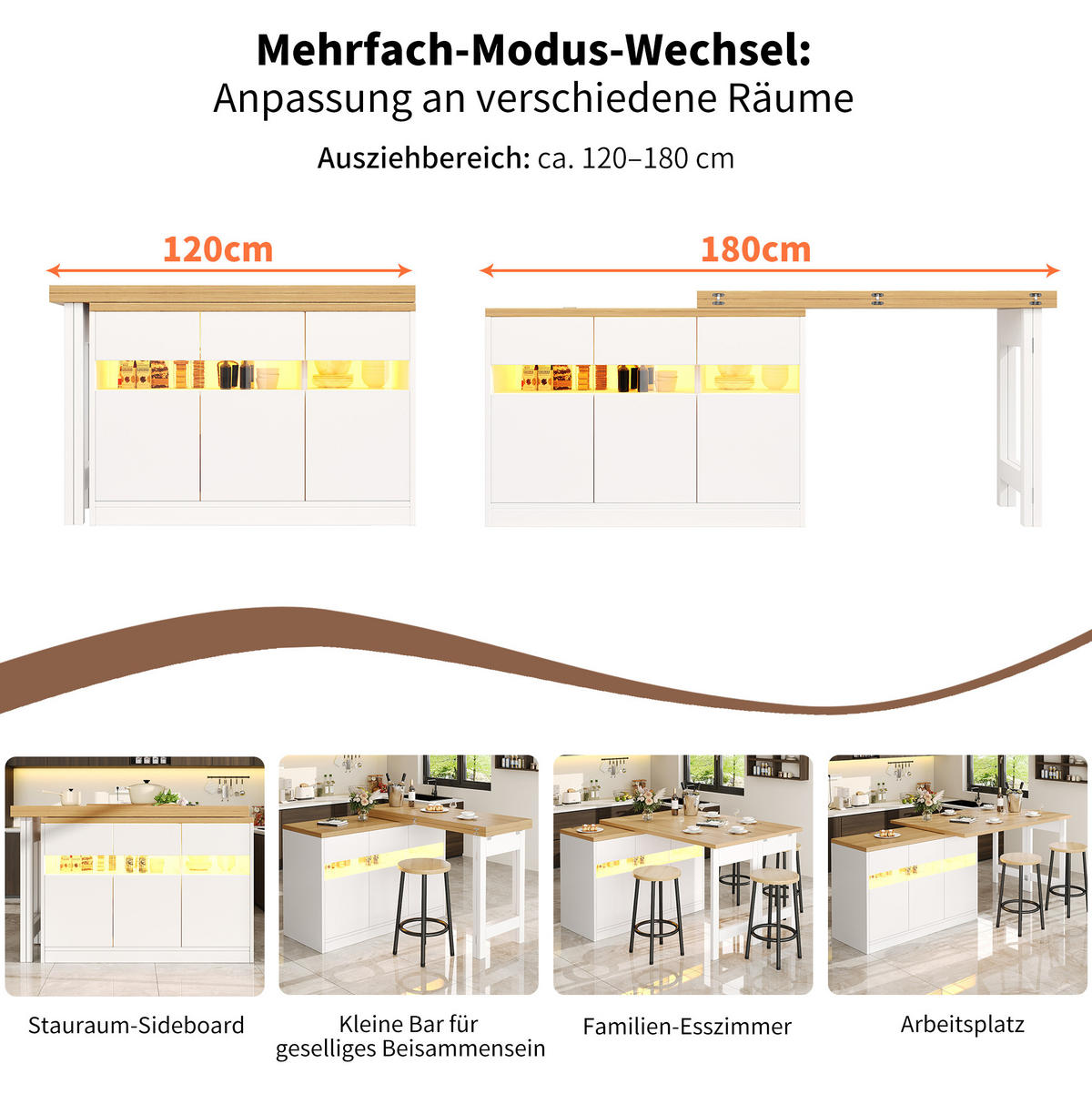 BARTISCH ausziehbar mit LED-Lichtleiste & Stauraum, 120-180/40/71,5 cm, Weiß - Weiß, Holzwerkstoff (40/71.5/107cm) - Redom