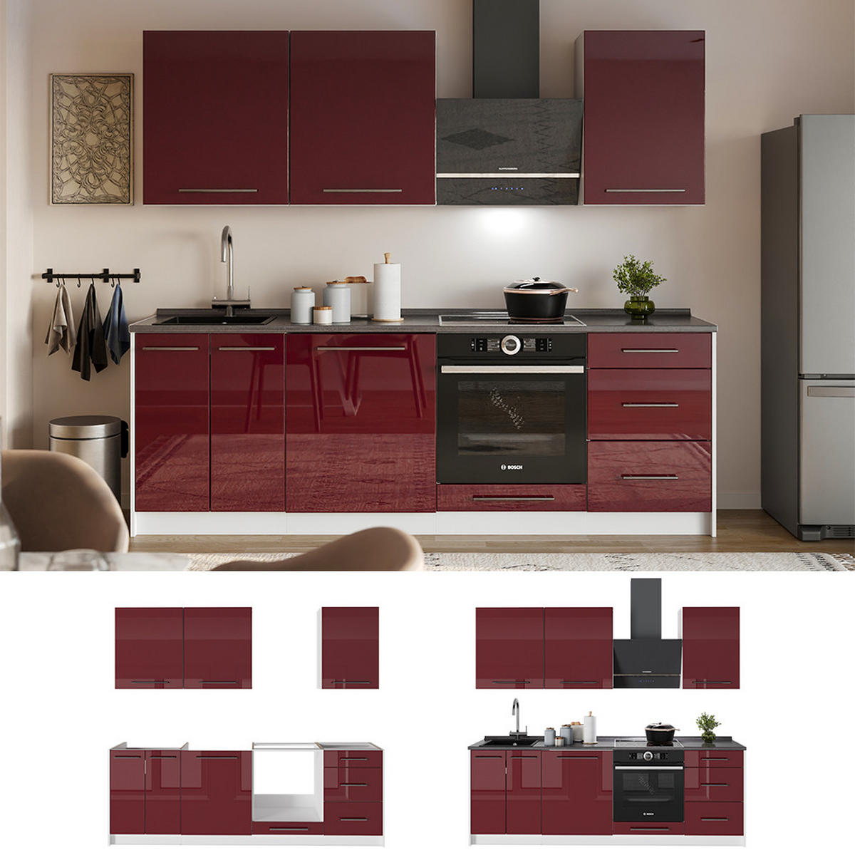 KUCHYNKA Fame-Line, Bordeaux vysoký lesk/biely, 230 cm, AP Marble - biela/bordová, kompozitné drevo (230/82/60cm) - Vicco