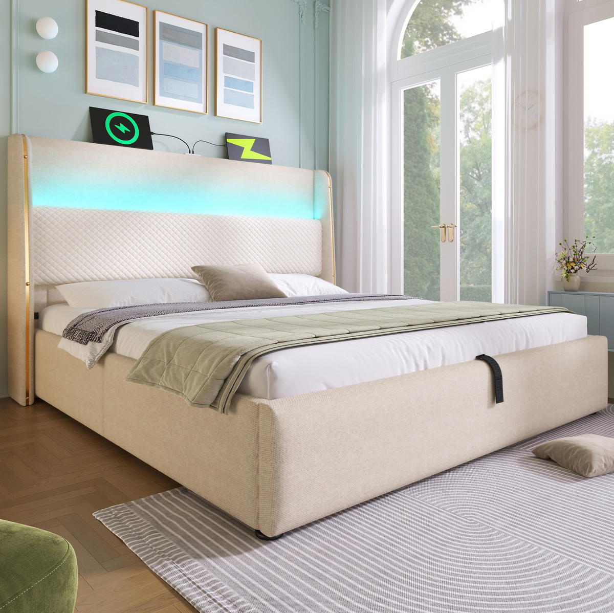 POLSTERBETT 180/200 cm mit hydraulischem Bettkasten, LED-Kopfteil & USB/Type-C, Beige - Beige, Textil (180/200cm) - Redom