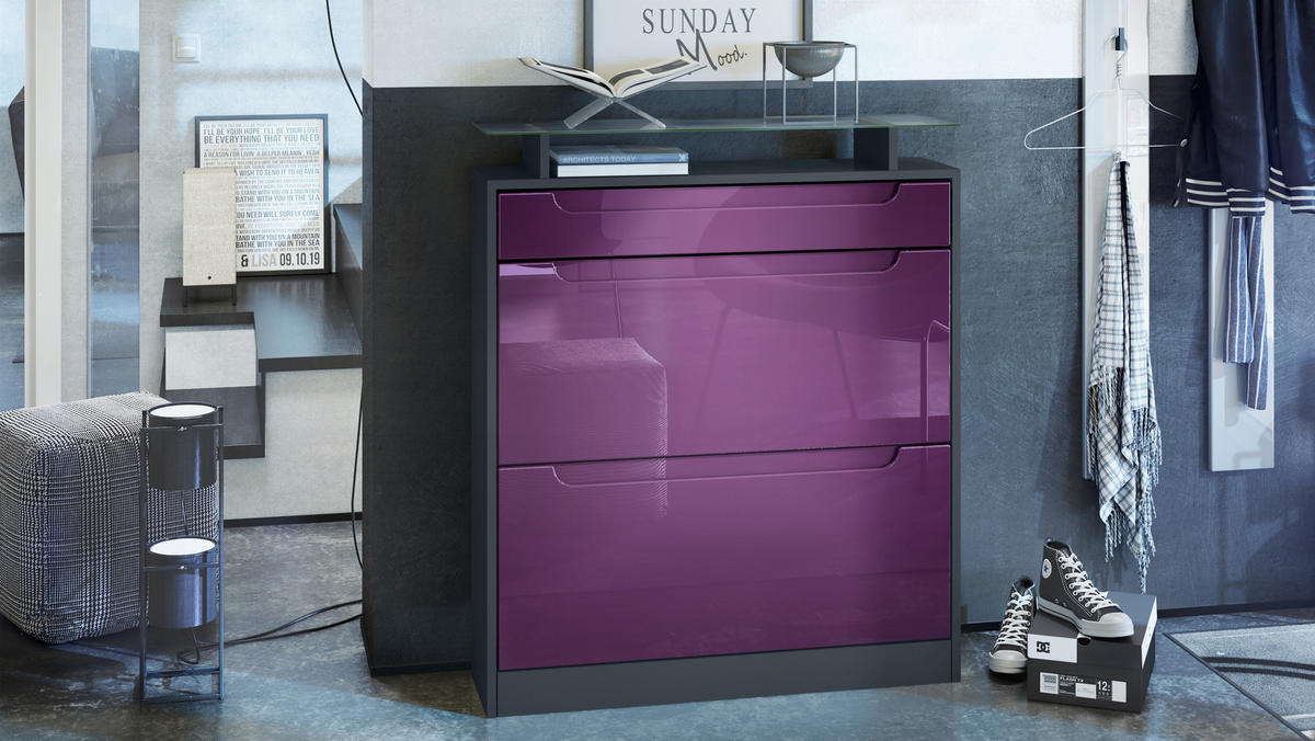 SCHUHSCHRANK Fiesta Fronten in Brombeer Hochglanz, Griffmulden in Brombeer Hochglanz - Brombeere, Holzwerkstoff (89/104/23cm) - Vladon