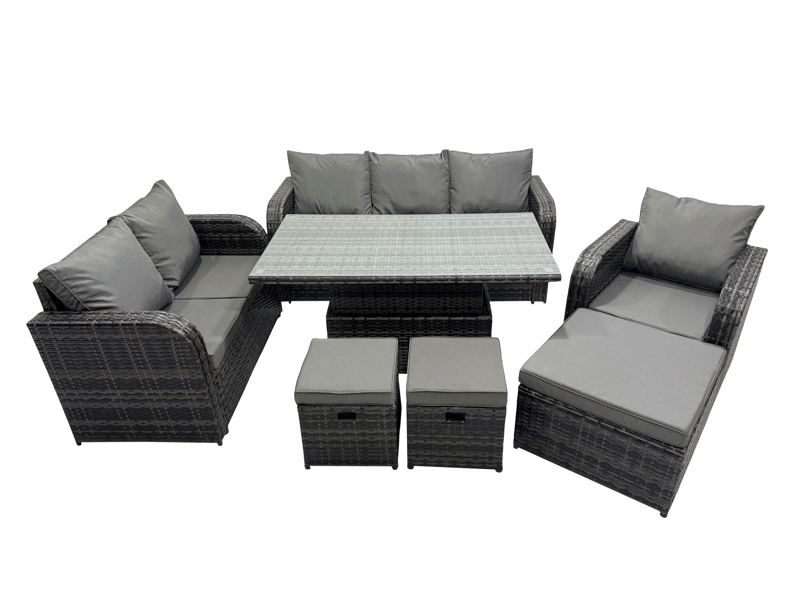 GARTENMÖBEL SET mit Höhenverstellbarer Esstisch 3-Sitzer Sofa, Stuhl 9-Sitzer Grau - Dunkelgrau/Grau, Glas/Kunststoff - Fimous