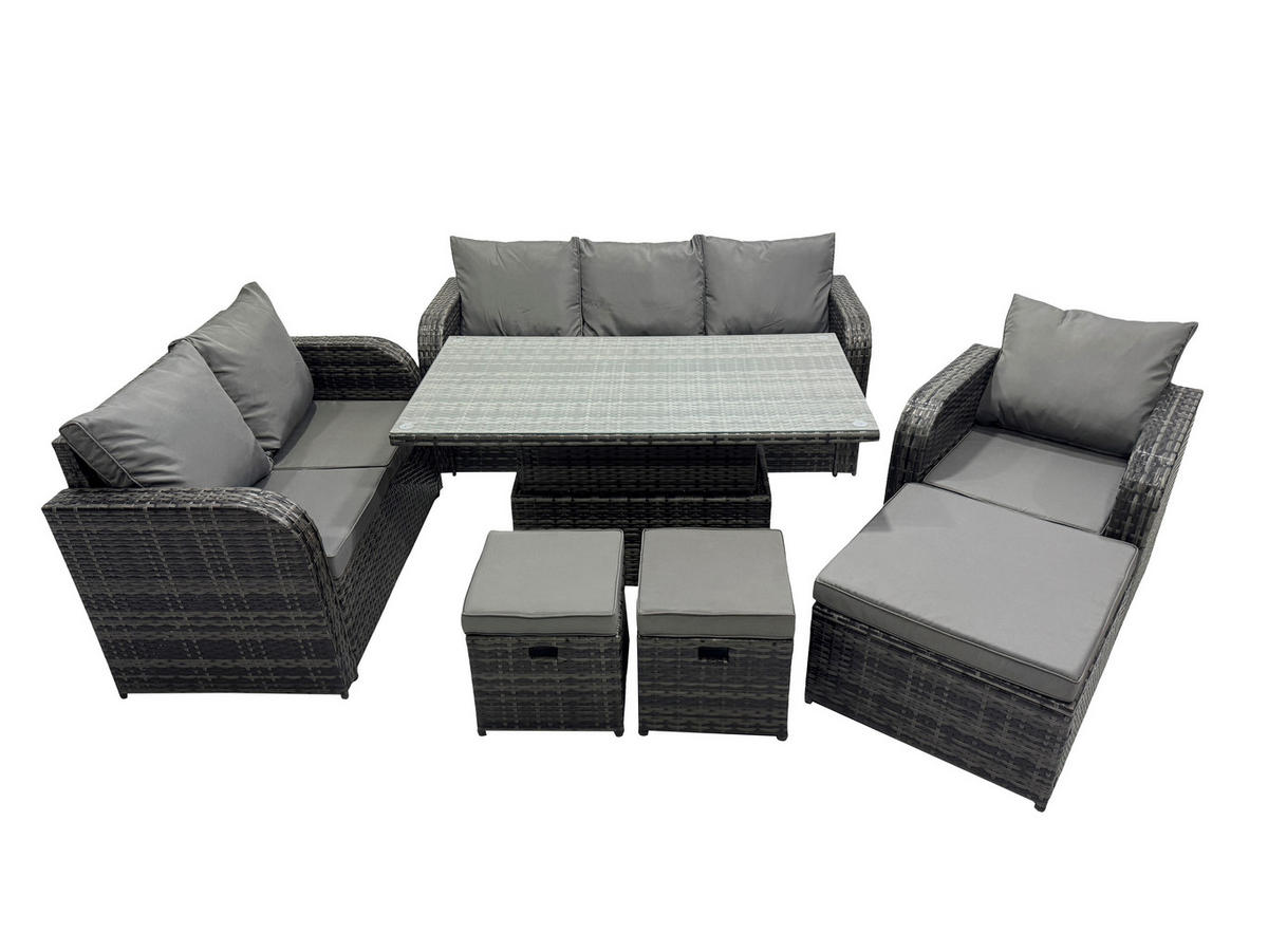 GARTENMÖBEL SET mit Höhenverstellbarer Esstisch 3-Sitzer Sofa, Stuhl 9-Sitzer Grau - Dunkelgrau/Grau, Glas/Kunststoff - Fimous