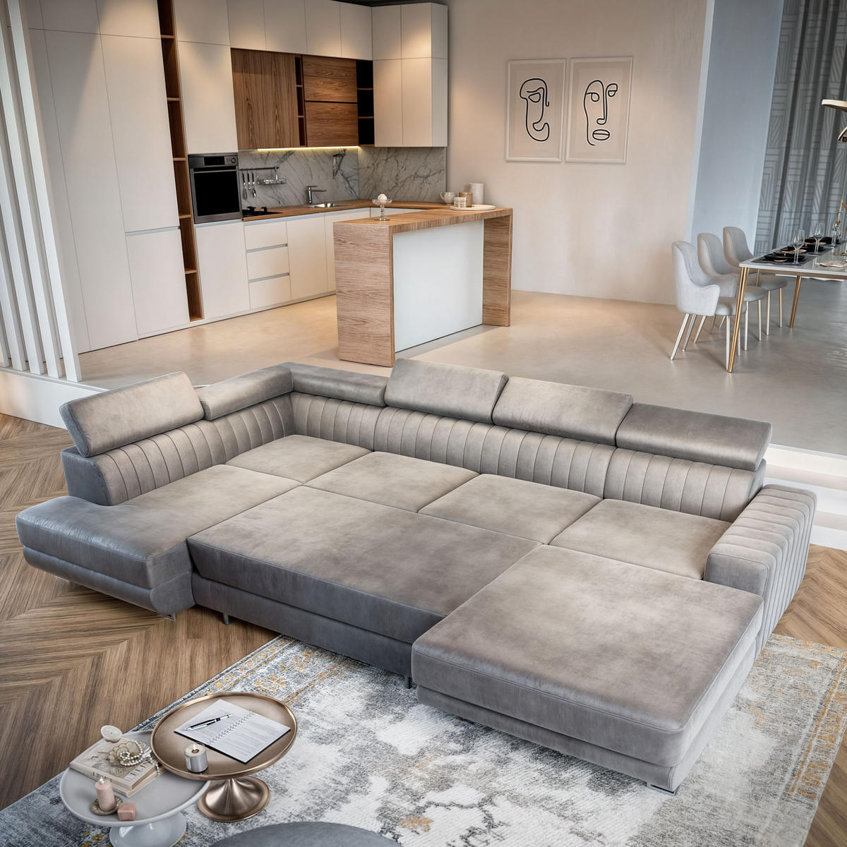 WOHNLANDSCHAFT SIENA R-S Creme Velours-Stoff mit Schlaffunktion - Creme, Holz (335/89/190cm) - MASSENO