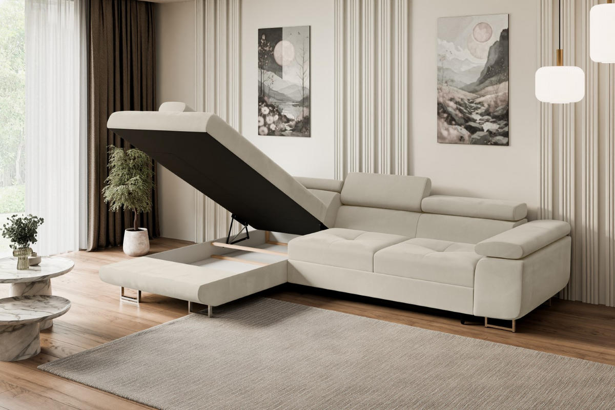 ECKSOFA mit Schlaffunktion und Bettkasten GUSA-L 272x202x107 cm Beige Velours - Beige/Silberfarben, Holzwerkstoff/Textil (202/272cm) - ALTDECOR