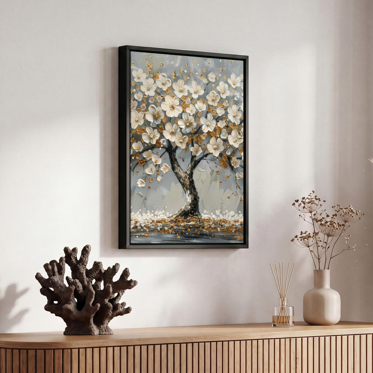 LEINWAND Bilder mit Rahmen - Baum - Blumen - Weiß - Natur - Kunst - 20x30 - Weiß, Textil (20/30cm) - MuchoWow