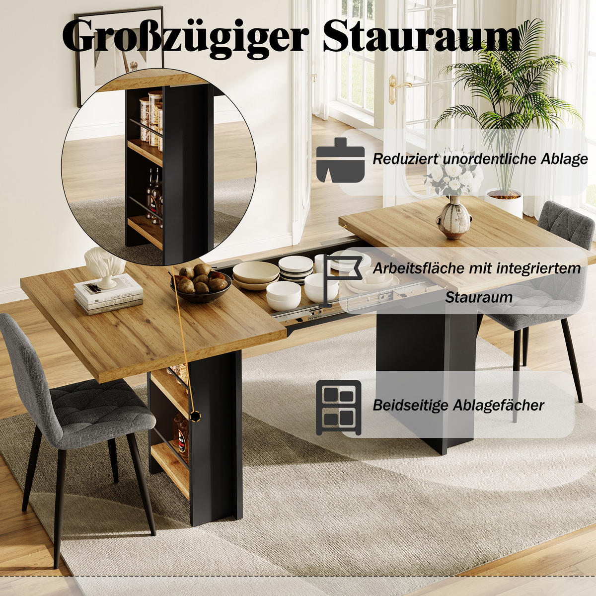 AUSZIEHTISCH aus MDF 120-160x80x75 cm Naturfarben mit Regalen, Stauraum und verstellbarer Tischplatte - Braun, Holzwerkstoff (120/80/75cm) - Modfu