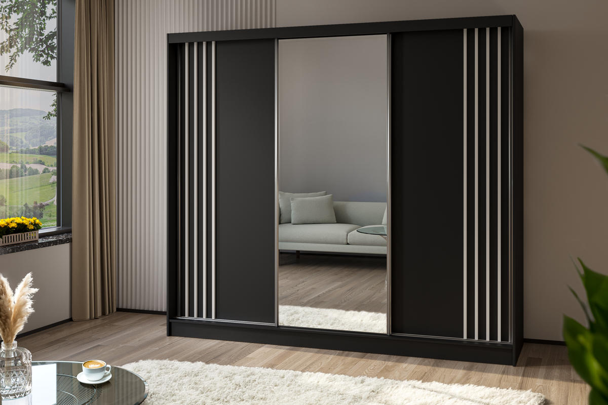 SCHWEBETÜRENSCHRANK Neli 240 cm mit Lamellen und Spiegel 3-türig, schwarz, schwarz, Lamelle weiß - Schwarz/Weiß, Kunststoff (240/216/61cm) - Margaret Hadas24