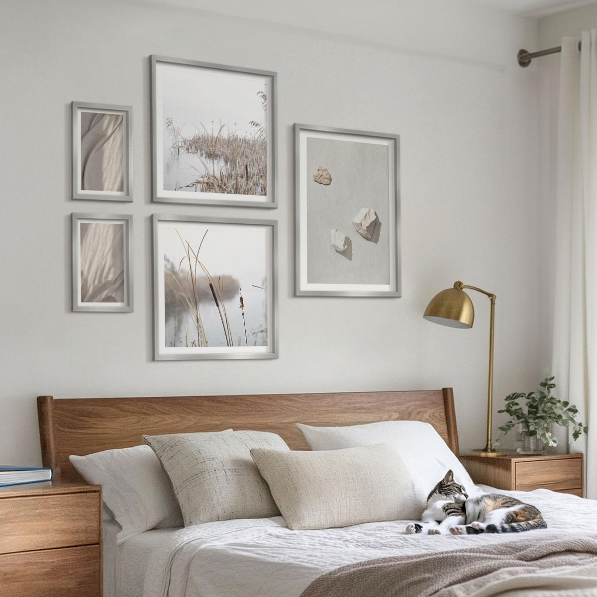 WANDBILDER 5er Set - 50x50 cm & 20x30 cm & 40x60 cm Silberner Rahmen - Nahaufnahmen der Struktur im Boho-Stil - Silberfarben, Kunststoff (40/60cm) - ArtPrintCave