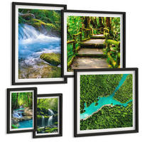 BILDER SET 5er Set - 50x50 cm & 20x30 cm & 40x60 cm Schwarzer Rahmen - Grüne Berge, Flussfelsen - Schwarz, Kunststoff (40/60cm) - TULUP