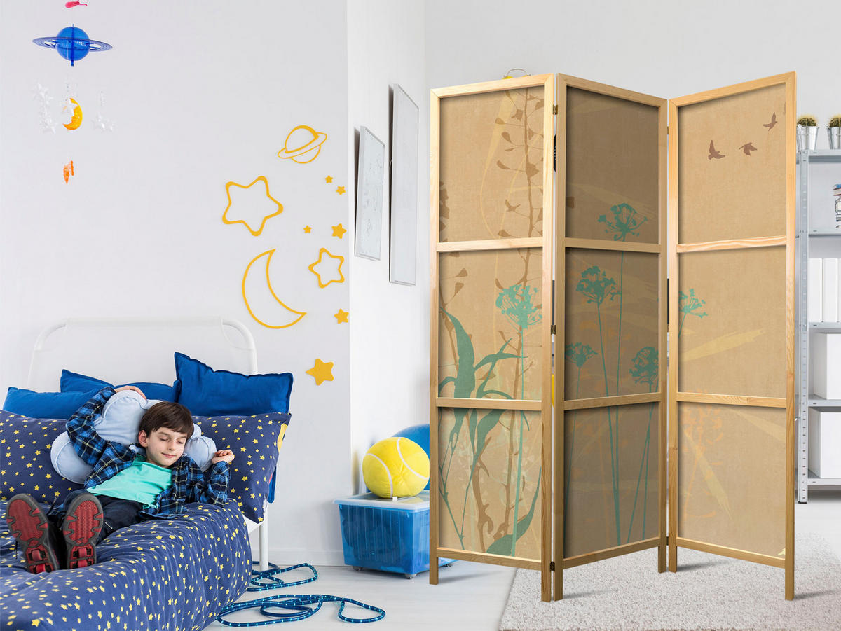 PARAVENT Japanischer 3-tlg 135x172 cm Boho Pflanzen - Beige, Holz/Textil (135/172/3cm) - Muralo