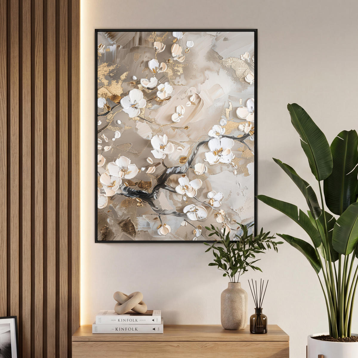 LEINWAND Bilder mit Rahmen - Blumen - Weiß - Gold - Beige - Luxus - 70x100 - Greige, Textil (70/100cm) - MuchoWow