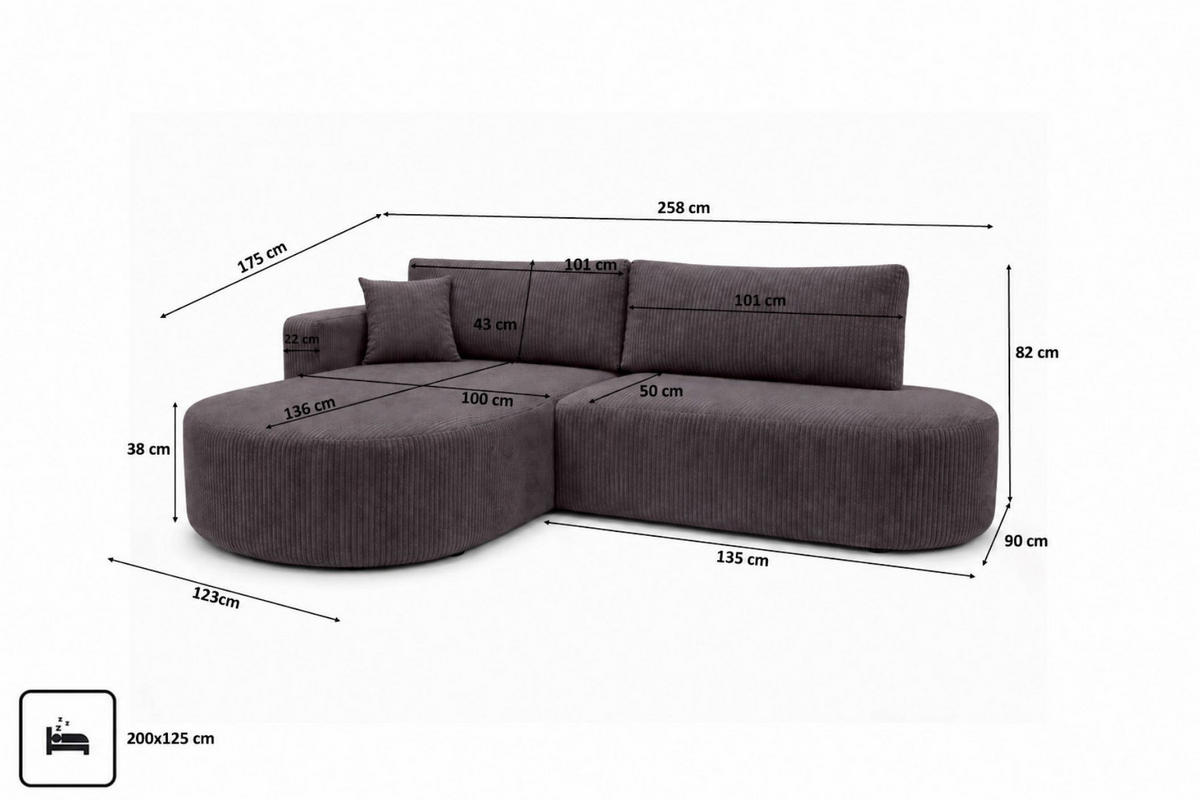 ECKSOFA Mit Schlaffunktion Und Bettkasten, Cordstoff Poso, Dunkelgrau, Links, ROUND ONE OPEN XL - Dunkelgrau, Holz (258/175cm) - Kaiser Möbel