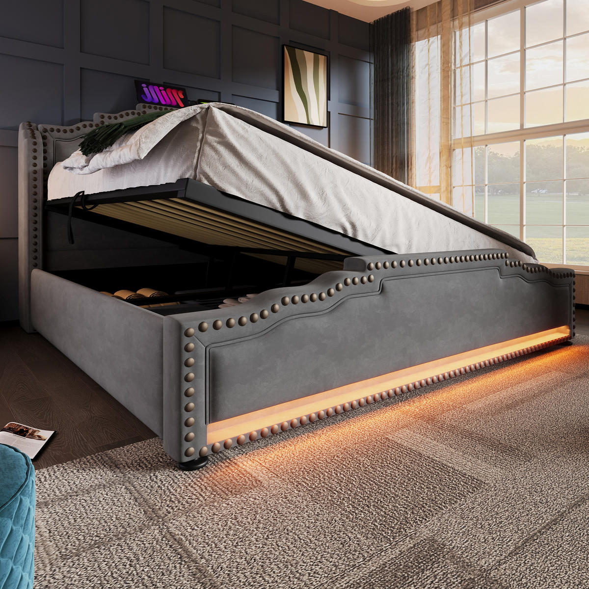 POLSTERBETT 160/200 cm Grau mit hydraulischem Stauraum und LED-Beleuchtung - Grau, Textil (160/200cm) - OKWISH