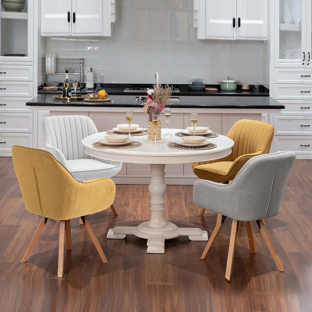 ARMLEHNSTUHL-SET 4 Stück drehbar in Webstoff - Gelb/Buchefarben, Holz/Textil (57/83/56cm) - Meubles Cosy