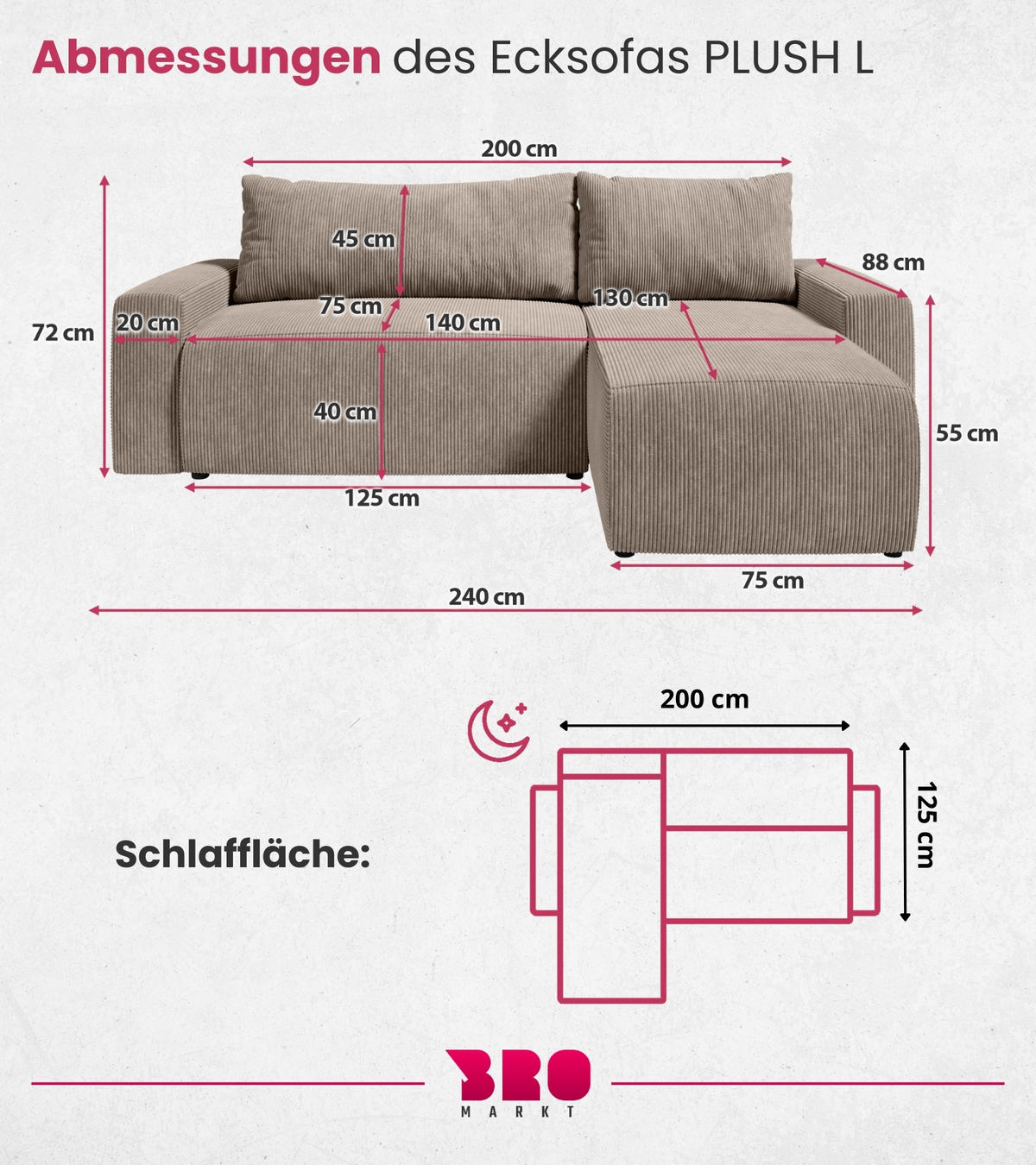 ECKSOFA PLUSH mit Schlaffunktion Beige Cord - Beige, Textil (240/145cm) - Bromarkt