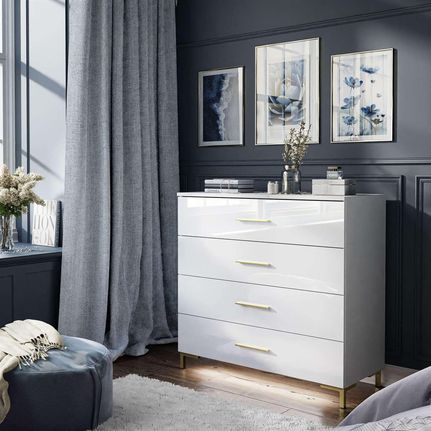 KOMMODE LINA GOLD mit goldenen Griffen und Beinen LED - Weiß, Holzwerkstoff (95/86/40cm) - Lookway