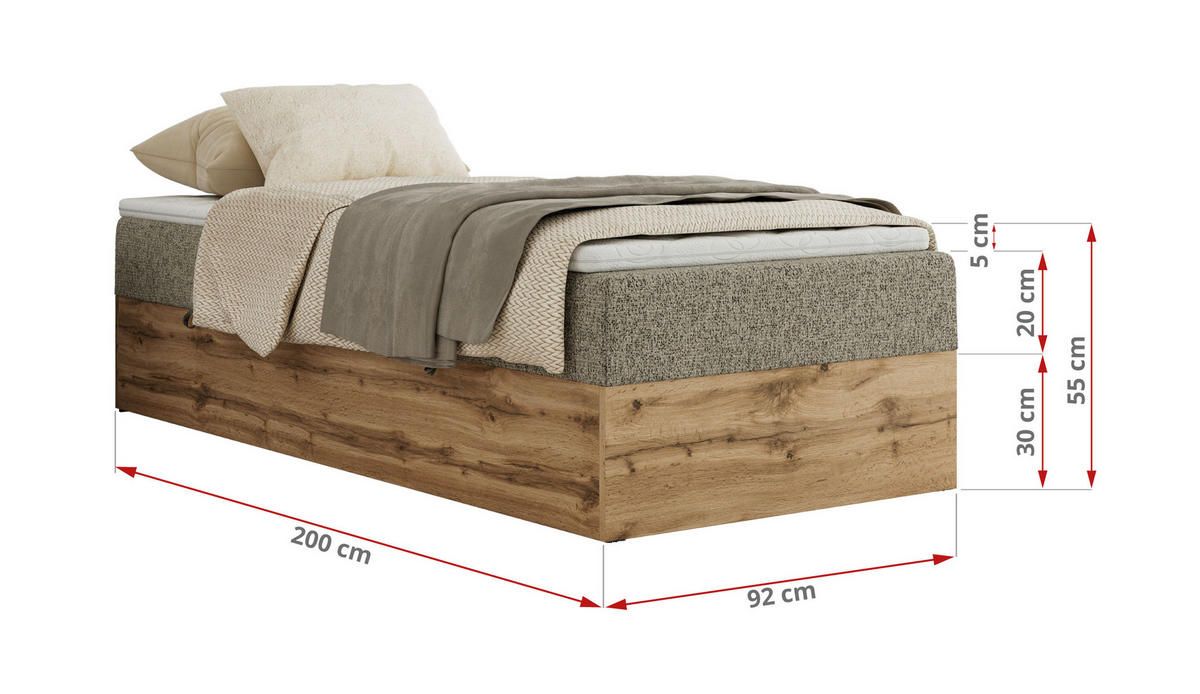 BOXBETT WOOD ZERO 90/200 - Dunkelbeige Struktur - H4 - Topper Visco - Cappuccino, Textil (90/200cm) - MKS