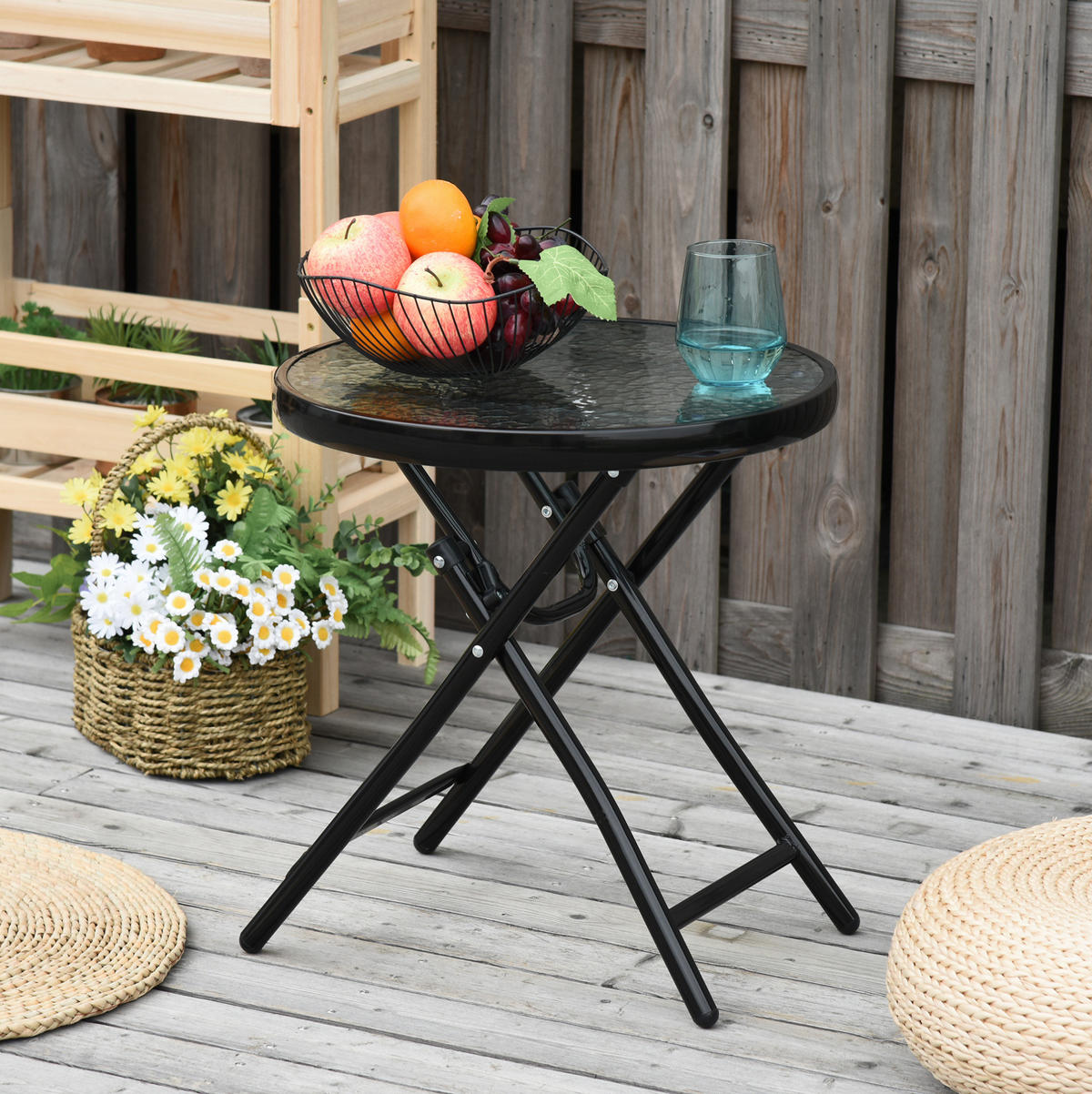 BALKONTISCH Ø45/50 cm klappbar mit Sicherheitsverschluss und Glasplatte aus Metall, Schwarz - Schwarz, Metall (40/40/50cm) - Redom