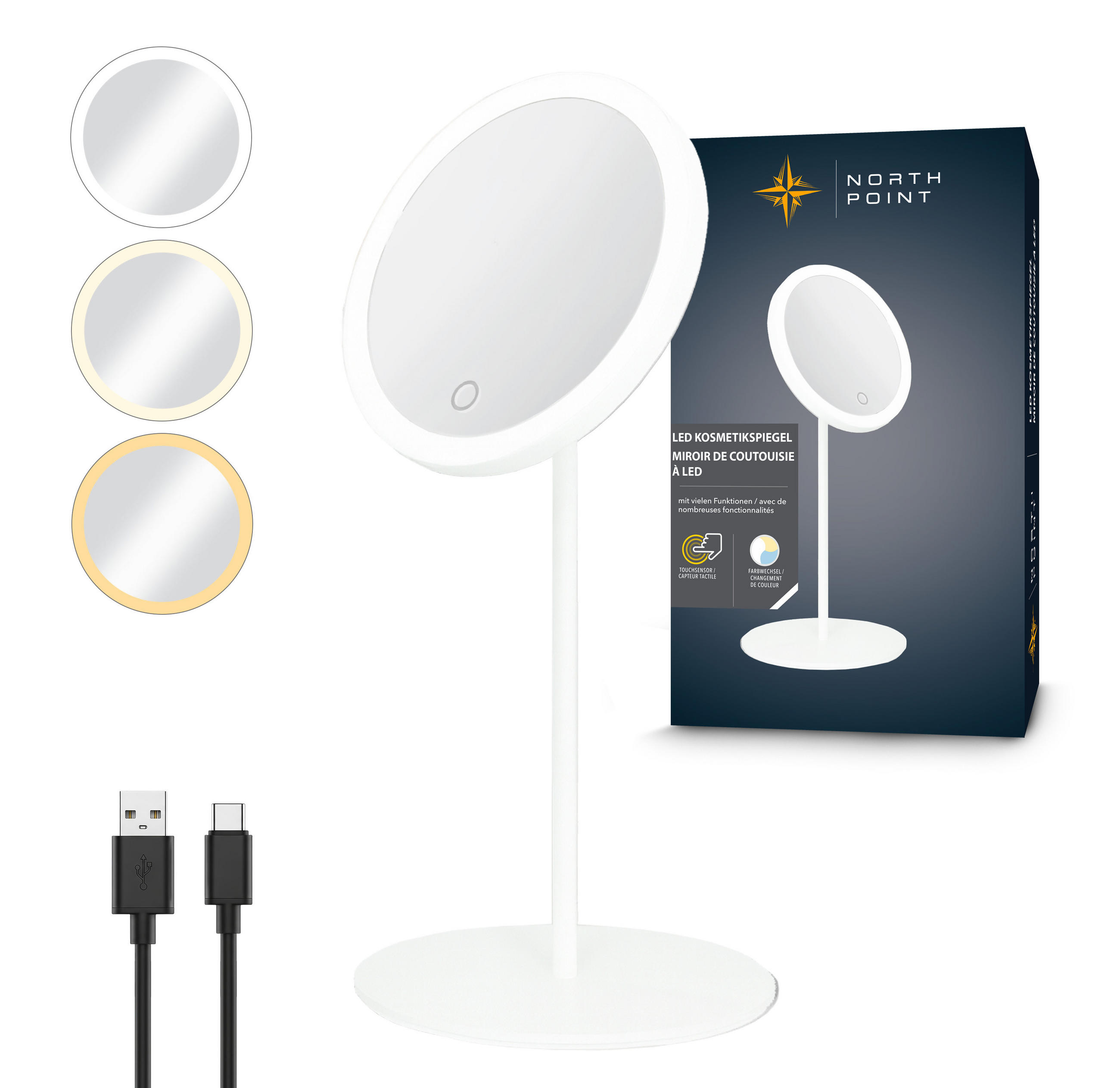 LED-KOSMETIKSPIEGEL - 5-fach Vergrößerung, 3 Lichtfarben dimmbar per Touch, Metallgehäuse in Weiß, Akku - Weiß, Metall (16/34/16cm) - Northpoint