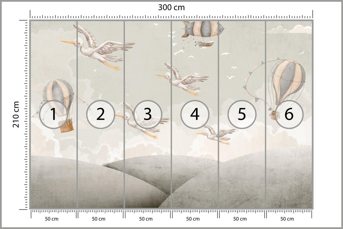FOTOTAPETE für Kinderzimmer Boho Störche Aquarell Balon Luftschiff Himmel 300x210 - Beige/Weiß, Papier (300/210cm) - Muralo