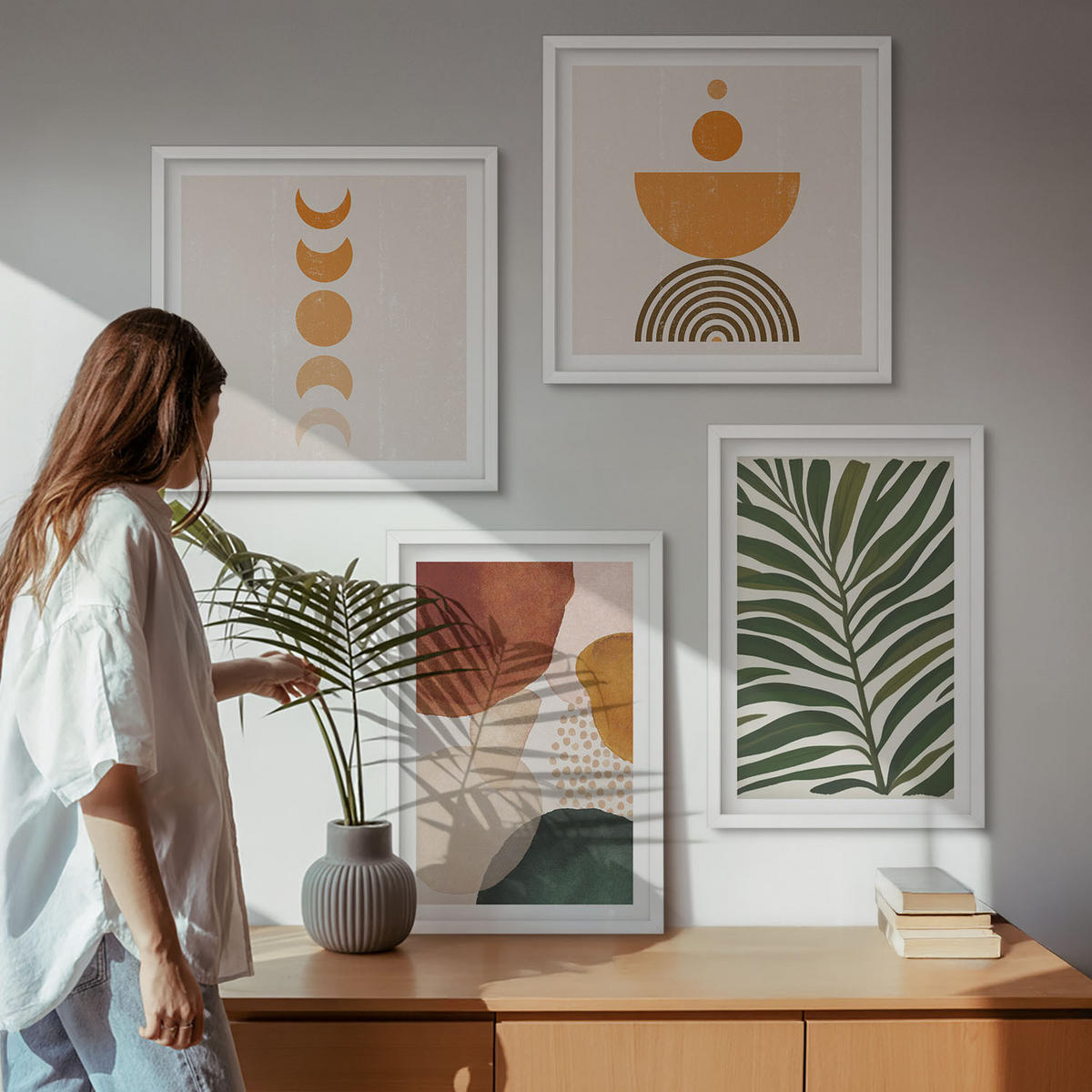 BILDER SET 4er Set - 50x50 cm & 40x60 cm Weißer Rahmen - Abstrakte Blattformen - Weiß, Kunststoff (50/50cm) - TULUP