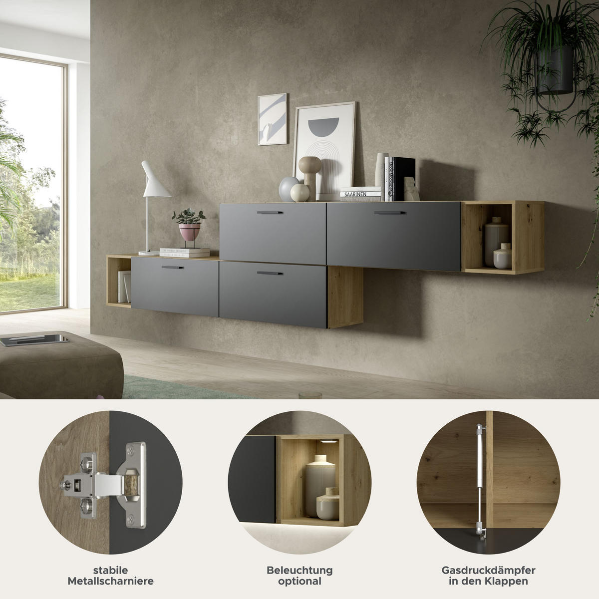 WOHNWAND The One Basalt grau 276/34/97 cm - Braun, Holzwerkstoff (276/97/34cm) - Xonox