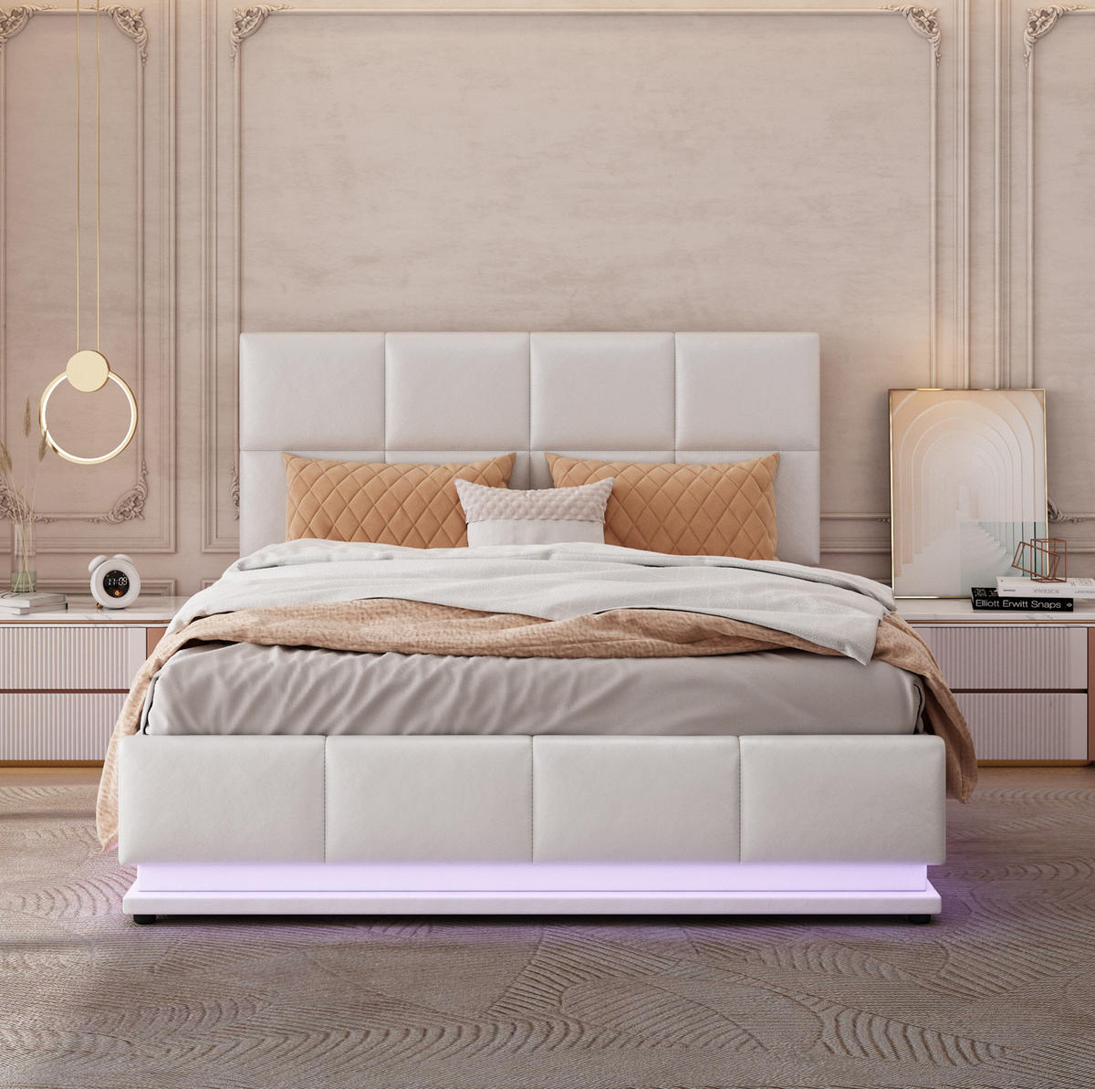 ČALÚNENÁ posteľ z umelej kože 140x200 cm biela s LED osvetlením, hydraulickým úložným priestorom a roštom - biela, textil (140/200cm) - Modfu