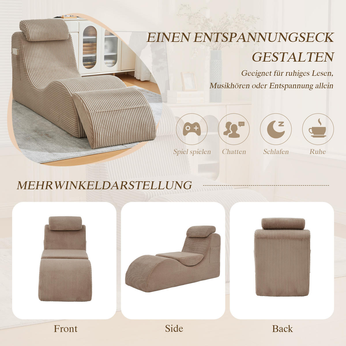 LOUNGE-SESSEL, ergonomisch, khakifarben - Gelb, Textil (66/90/160cm) - Vallsero