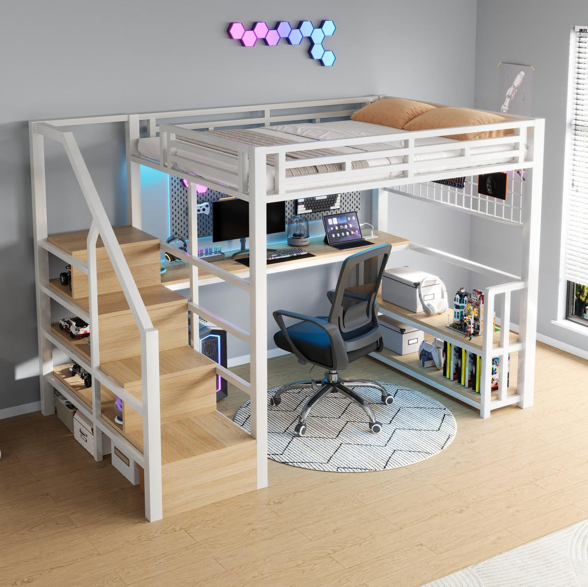 HOCHBETT mit Schreibtisch 140/200 cm in Weiß – mit Stauraum, LED und USB - Weiß, Metall (140/200cm) - BEAOK