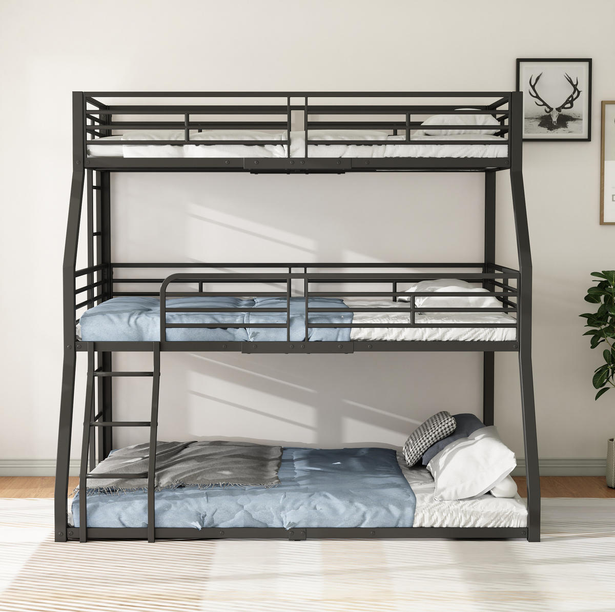 ETAGENBETT aus Metall 90x200 cm Schwarz mit 2 Leitern und Sicherheitsgeländer, platzsparendes Dreifachbett - Schwarz, Metall (90/200cm) - Modfu