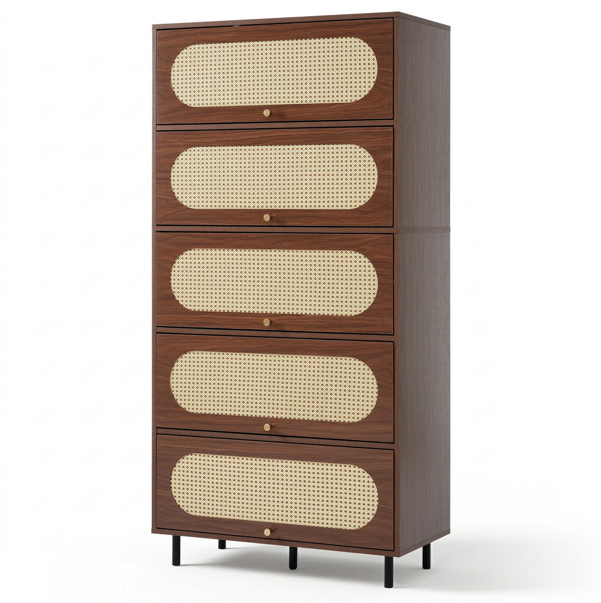 BUFFET 80/40/163 cm in Nussbaum mit Rattanfronten und 5 Klappen - Walnussfarben, Holzwerkstoff (80/163/40cm) - Flora Grace