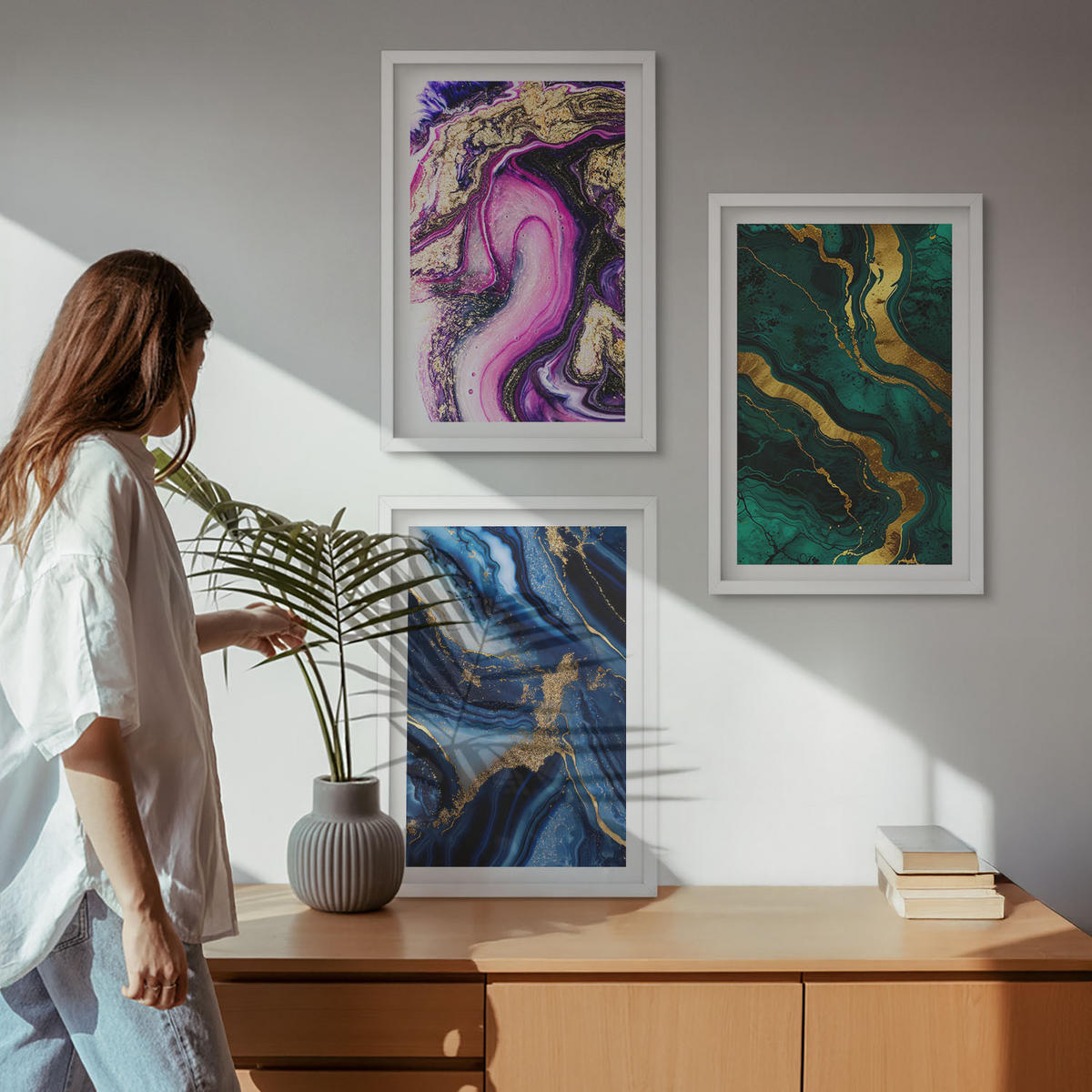 WANDBILDER 3er-Set - 40x60 cm Weißer Rahmen - Abstrakte rosagrüne Muster - Weiß, Kunststoff (40/60cm) - ArtPrintCave