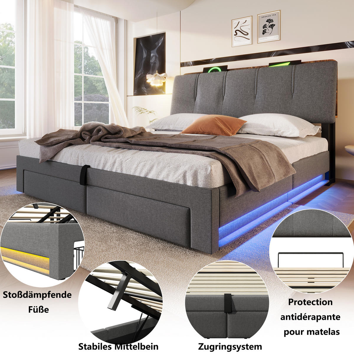 POLSTERBETT 140/200 cm in Grau mit Bettkasten, 2 Schubladen, LED und USB Type-C Leinen - Grau, Holzwerkstoff/Textil (140/200cm) - STILVORA