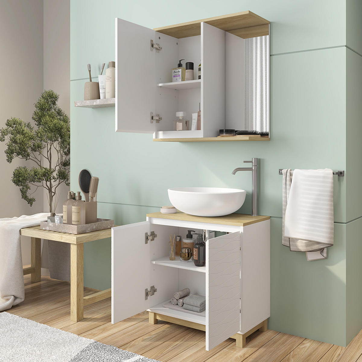 BADMÖBEL-SET Livia Weiß/Eiche 2 Teile - Eichefarben/Weiß, Holzwerkstoff (60/60/30cm) - Vicco