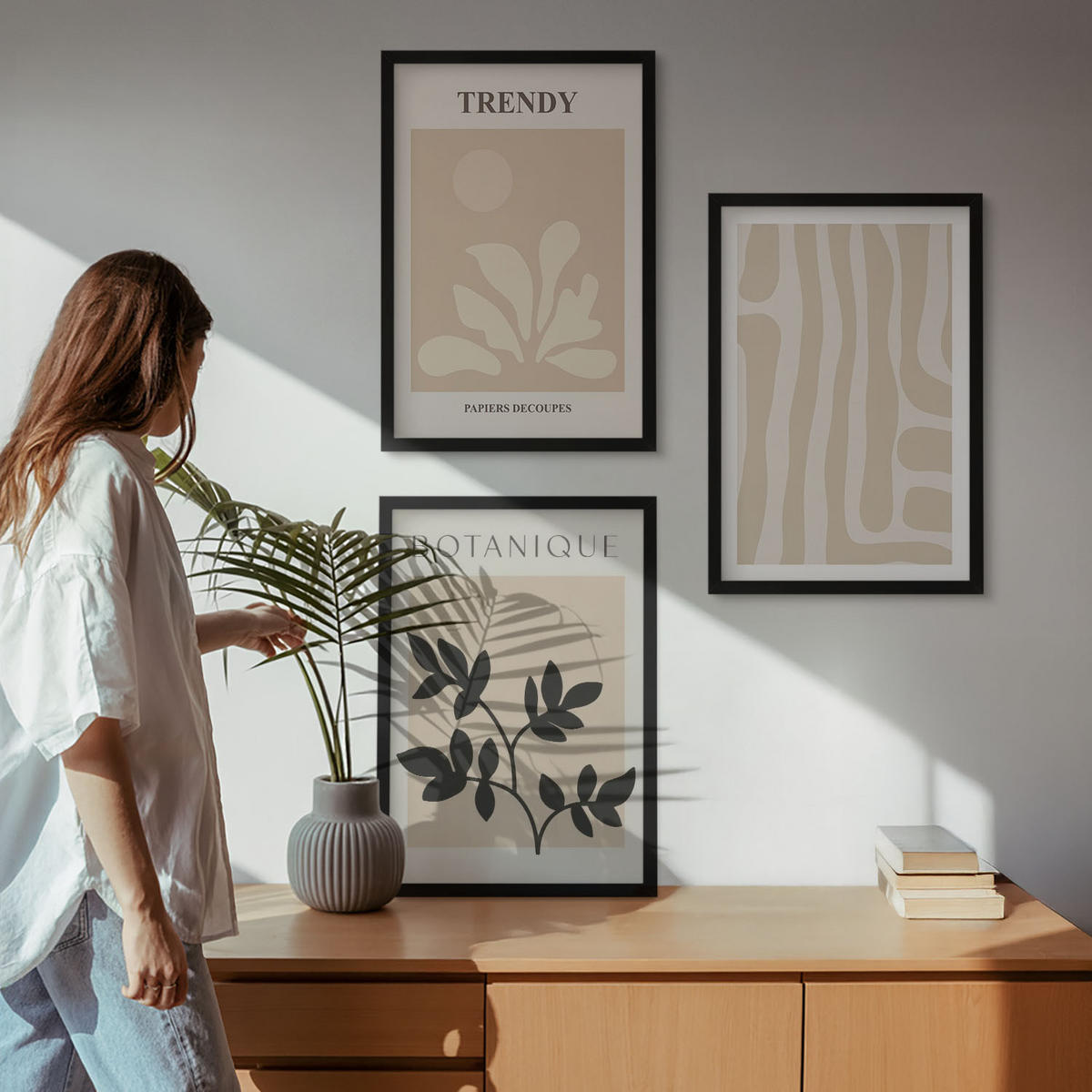 WANDBILDER 3er-Set - 40x60 cm Schwarzer Rahmen - Stilvolle Pflanzenmuster in Beige und Schwarz - Schwarz, Kunststoff (40/60cm) - ArtPrintCave