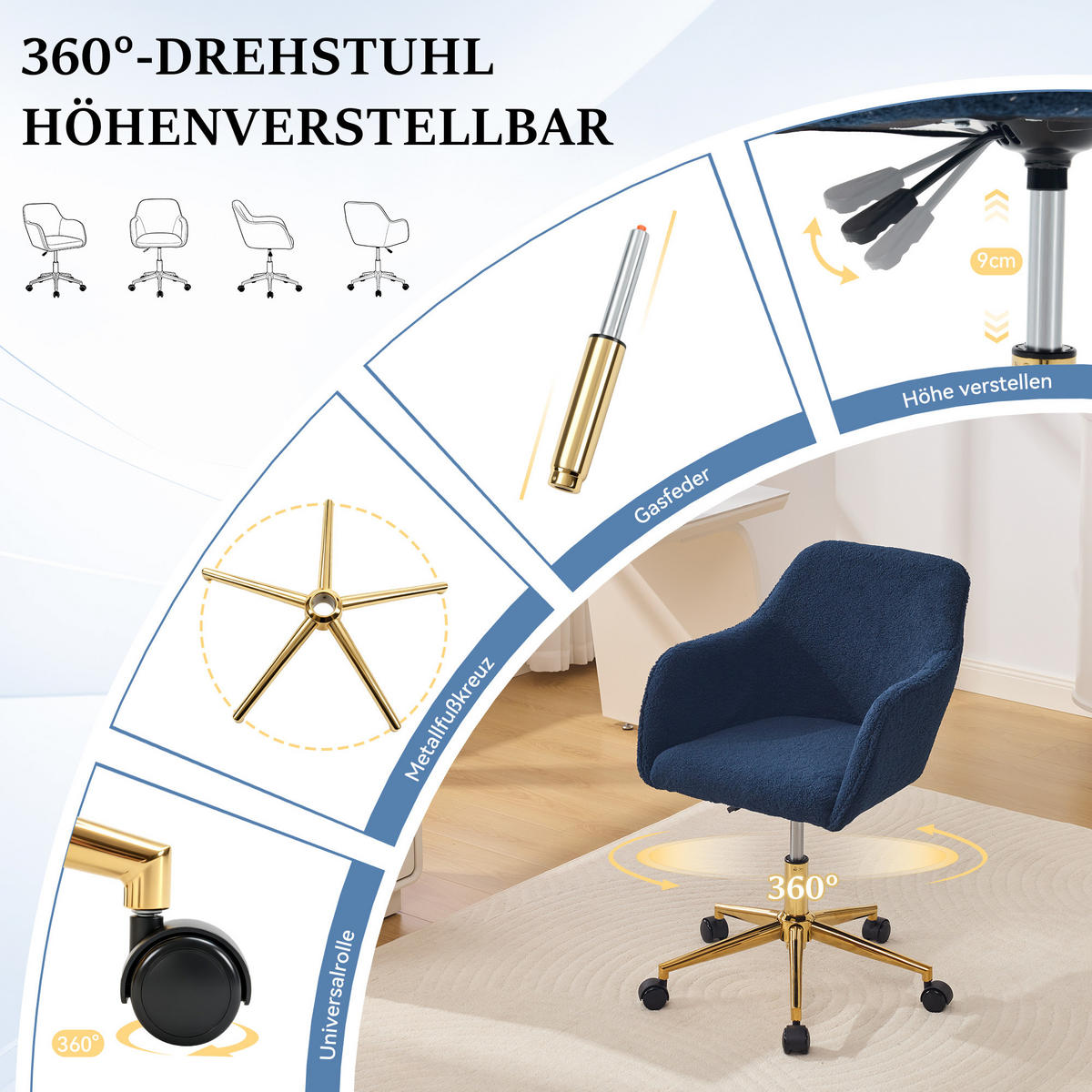 DREHSTUHL DE-40962 mit goldenen Beinen und Teddy-Stoff Dunkelblau - Dunkelblau, Metall (58/86/58cm) - ComfortXL