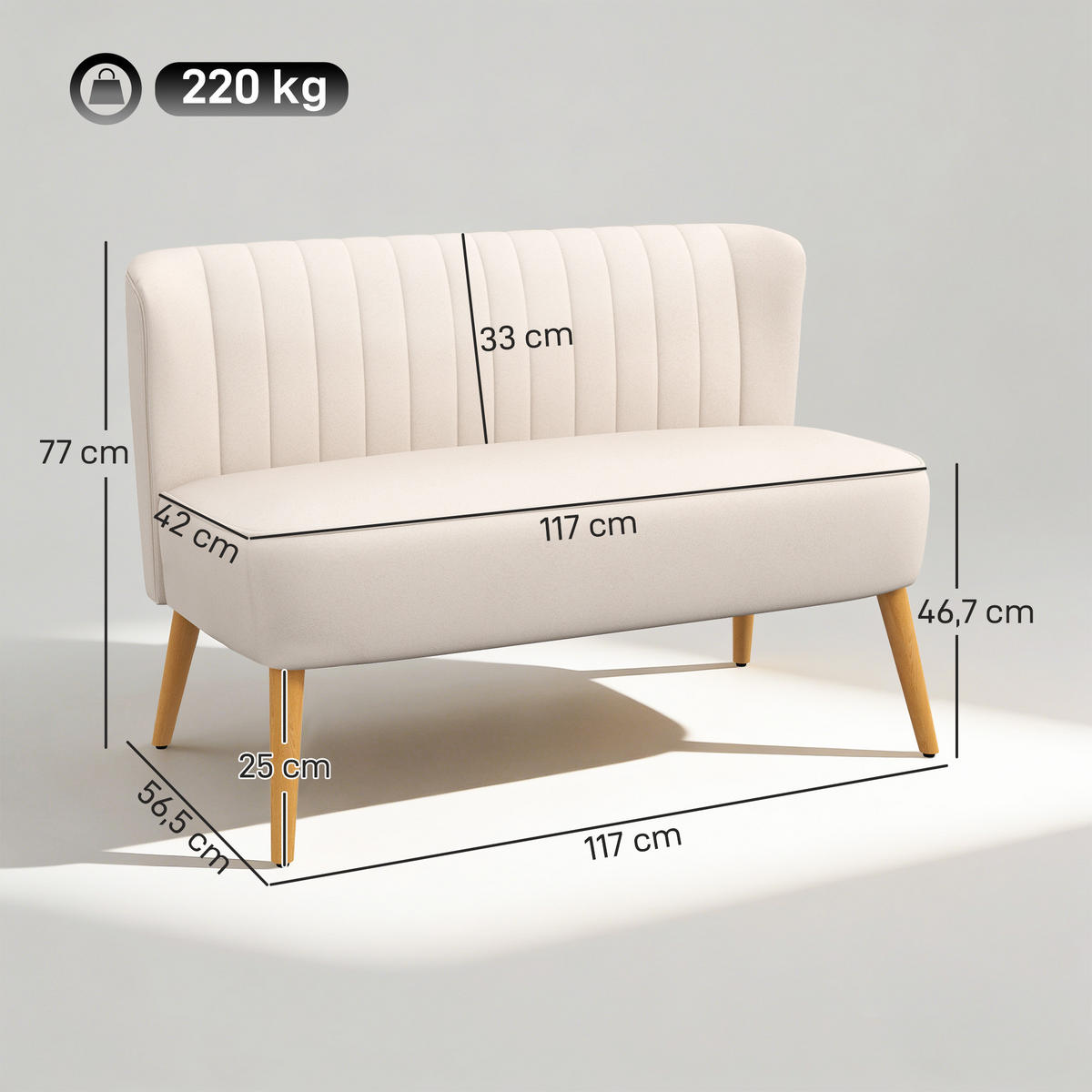 2-SITZER Sofa Creme 117.0/56.5/77.0 cm - Creme, Textil (56.5/77/117cm)