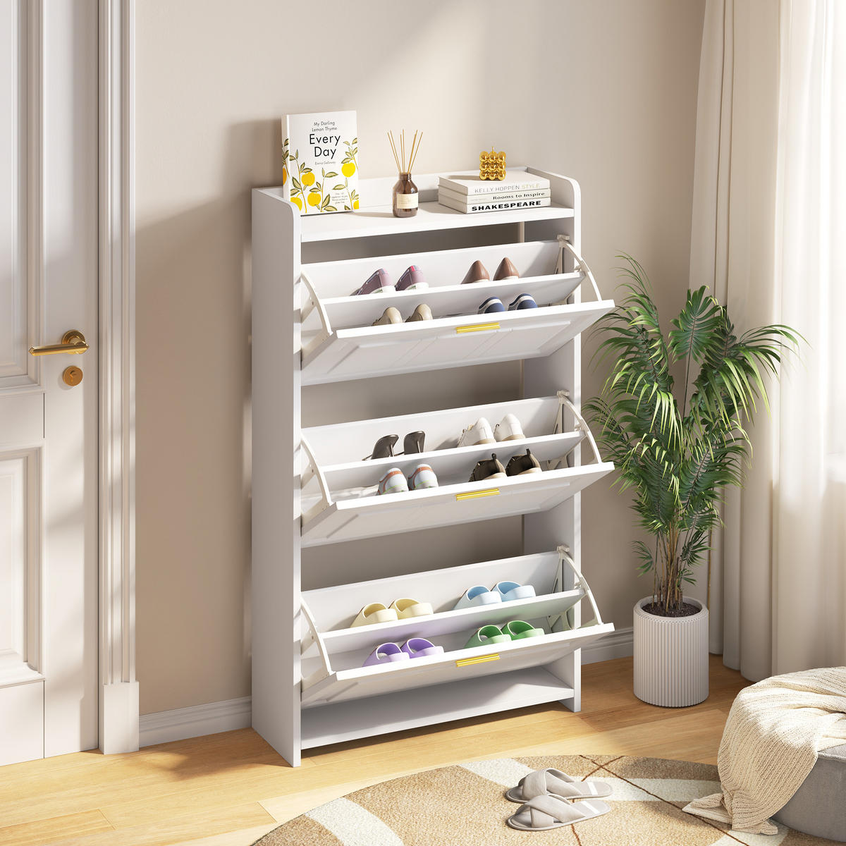 SCHUHSCHRANK in Weiß Schuhkommode mit 6 Fächern, ideal für Flur,Eingangsbereich, Wohnzimmer und Büro, B70/T24/H120cm - Weiß, Holzwerkstoff (70/120/23cm) - STILVORA